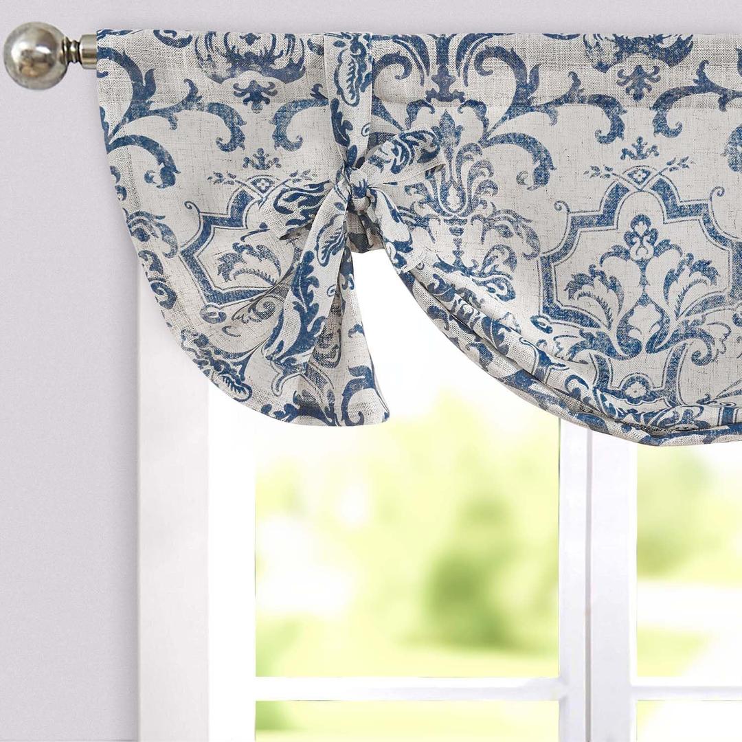 jinchan Linen Tie Up Valance for Flax Floral Drapes Vintage Farmhouse Medallion Window Treatments Light Filtering Curtain for Living Room Laundry Cafe Rod Pocket 1 Panel 36 Inch Slate Blue