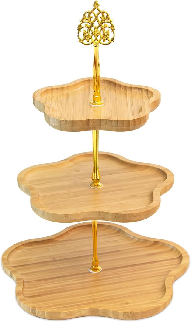 3 Tier Wood Serving Tray Cupcake Stand with Gold Hardware,Tiered Cake Dessert Stand for Wedding Table Party Birthday Decorations