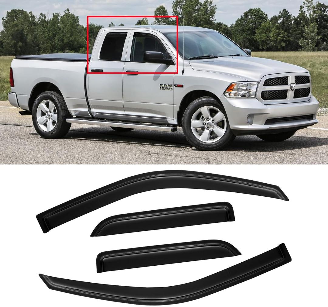 Window Visor for 2009-2018 Dodge Ram 1500 Quad Cab/Extended Cab, Out-Channel Rain Guards Shields Vent Deflector Shade Wind Dark Smoke for 2019-2023 Ram 1500 Classic Quad Cab, 4PCS