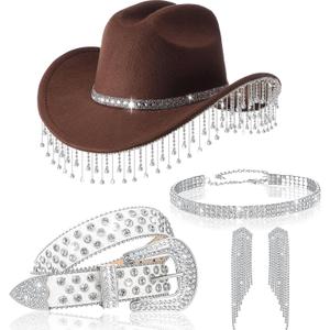 Hercicy 5 Pcs Western Glitter Cowgirl Hat Rhinestone Women Cowboy Hat Sparkly Jewelry Costumes for Disco Bride Party (Brown)