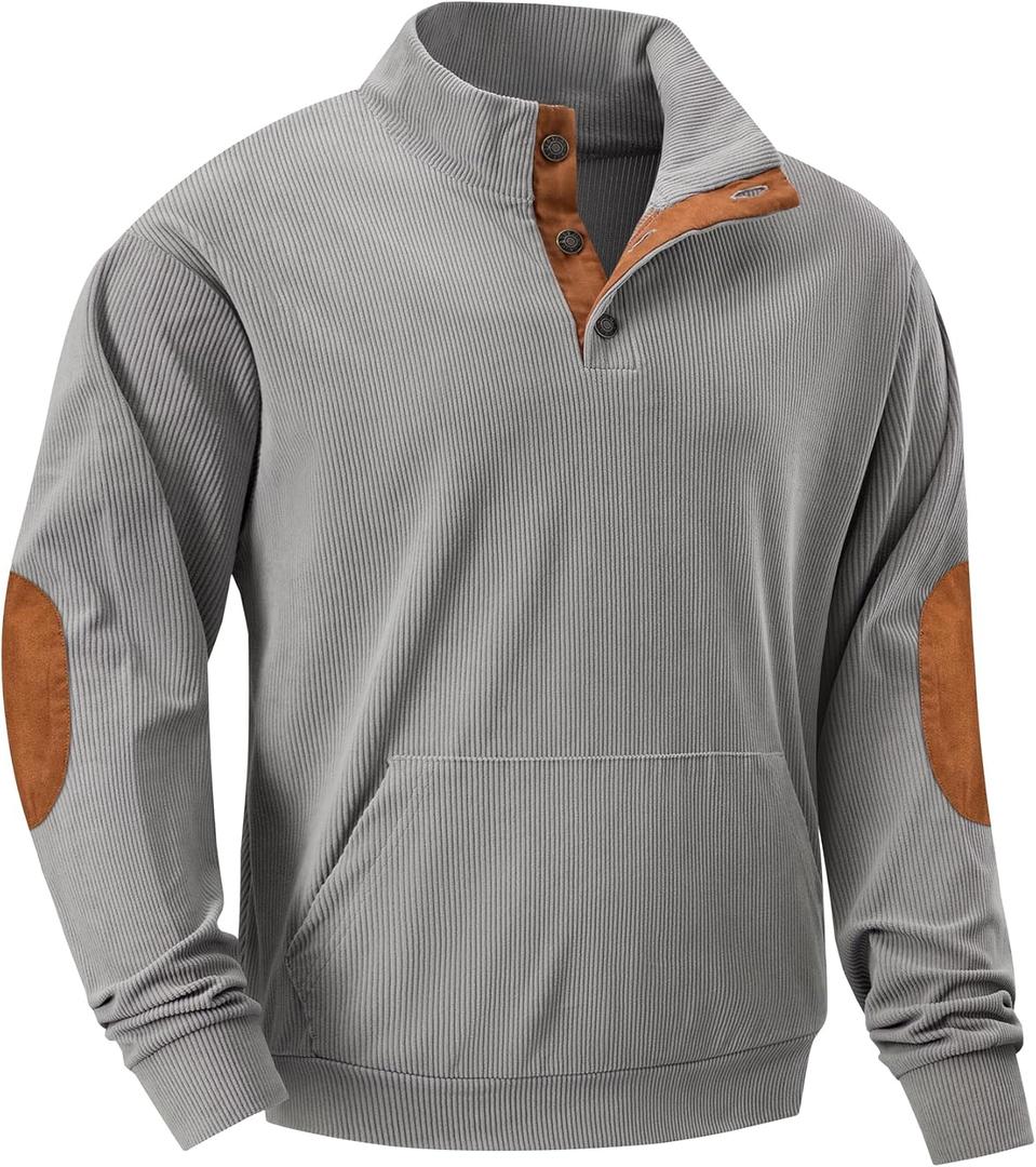 JMIERR Mens Corduroy Sweatshirt Casual Stand Collar Quarter Fall Metal Button Pullover Sweaters Long Sleeve with Pockets (Gray, XXL)