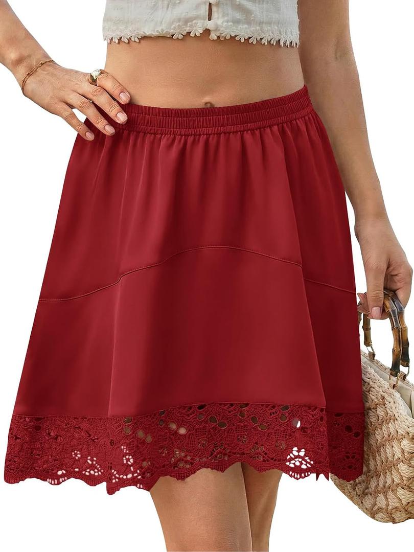 Yousify Womens Summer Mini Skirts Y2K Lace Trim Skirt Casual High Waisted Satin Silk Flowy Going Out Beach Short Skirt (Red, S)