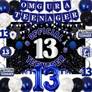 13th Birthday Decorations for Boys Girls, Blue Black Omg Ur A Teenager Birthday Party Decorations, Official 13 Teenager Backdrop, Foil Balloons 13, Banner, Balloons, Hanging Swirls, Birthday Card Set