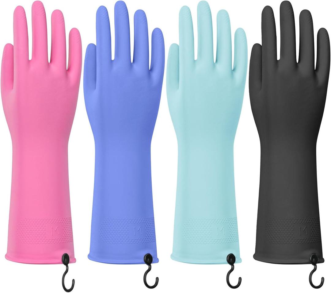 4 Pairs Rubber Dishwashing Gloves with Hanging Hooks - Reusable Cleaning Gloves for Kitchen & Household, Non-Slip, Durable and Flexible (Small, 4 Colors) (Blue+Pink+Purple+Black)