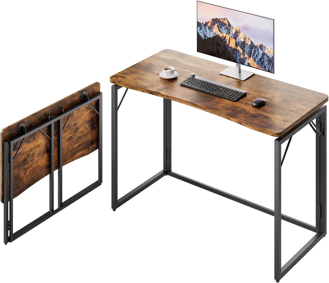 JOYMOOP 40" Rustic Brown Folding Desk No Assembly, Wooden Top, Middle Size, 40" Width
