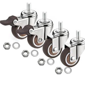 1" M6x15 Stem Casters Bolt Threaded Wheels, TPR Mute Rubber Swivel Single Caster Screws in Wheel Small with 2 Brake Locks-Brown