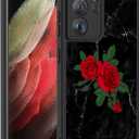 LUMARKE for Galaxy S21 Ultra Case with Enhanced Camera Lens Protection, Translucent Matte Acrylic Phone Cover - Cute Aesthetic Floral Design for Women Girls - Marble and Roses