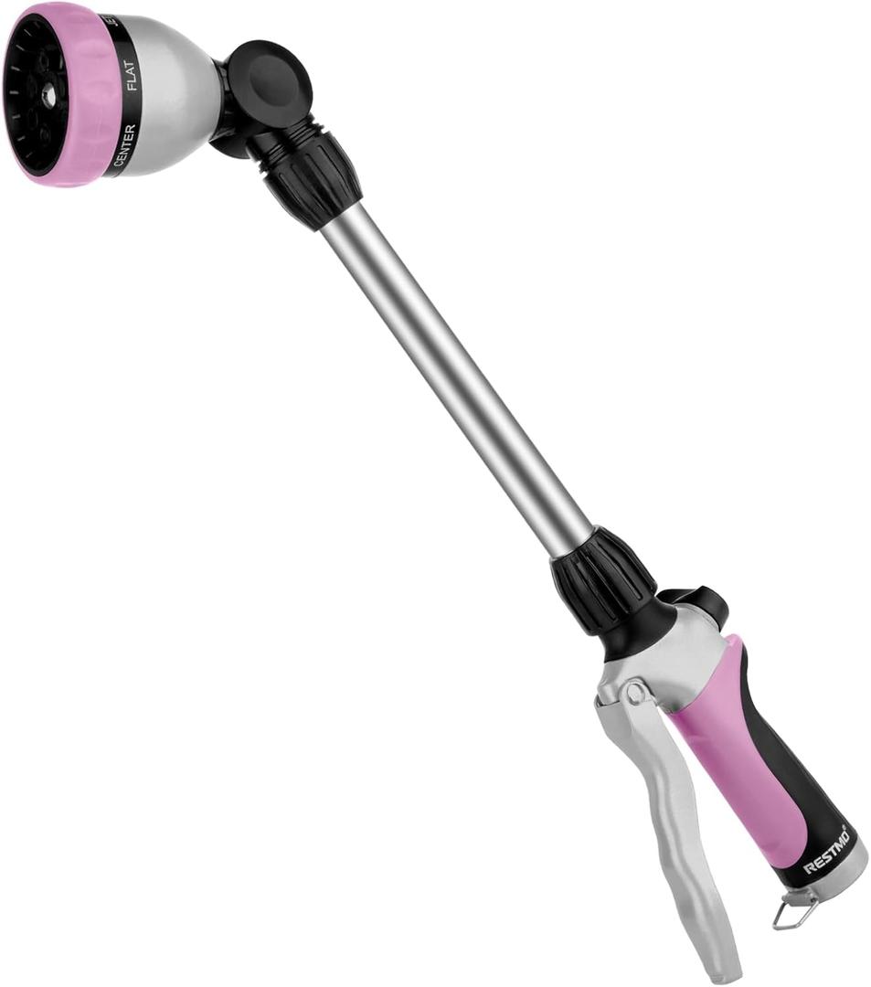 RESTMO Metal Watering Wand, Heavy Duty Garden Hose Wand with 180 Swivel Ratcheting Head, 16'' Hose Nozzle Sprayer with 7 Spray Patterns and Flow Control, for Water Hanging Baskets and Shrubs, Pink