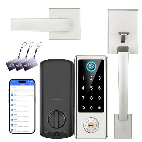 Fingerprint Door Lock with Handle Sets, BEBASIA Keyless Entry Door Lock, Bluetooth Front Door Lock Set, Smart Deadbolt, Electronic Keypad Digital Deadbolt with Handle, Satin Nickel