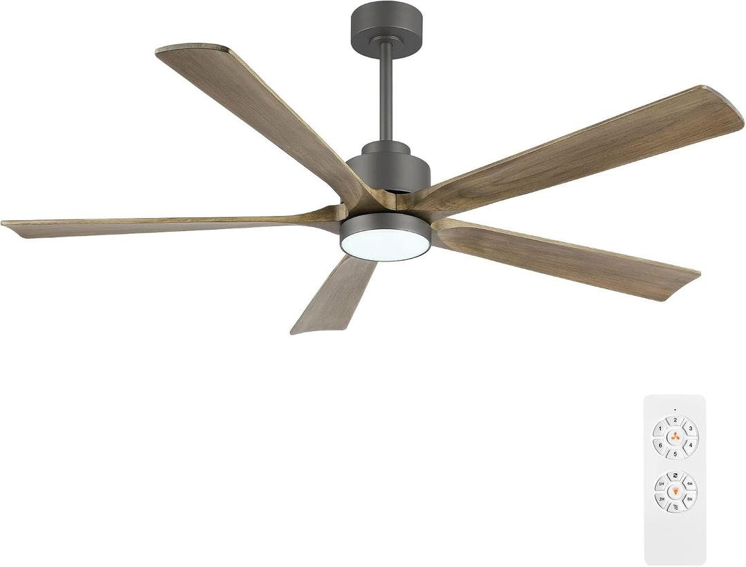 ELEHINSER 60" Modern Ceiling Fan with Light and Remote Control, 5 Solid Wood Blades 6-Speed Noiseless Reversible DC Motor, Ceiling Fan for Kitchen Dinning Living Room, Charcoal Finish with Wood Blades