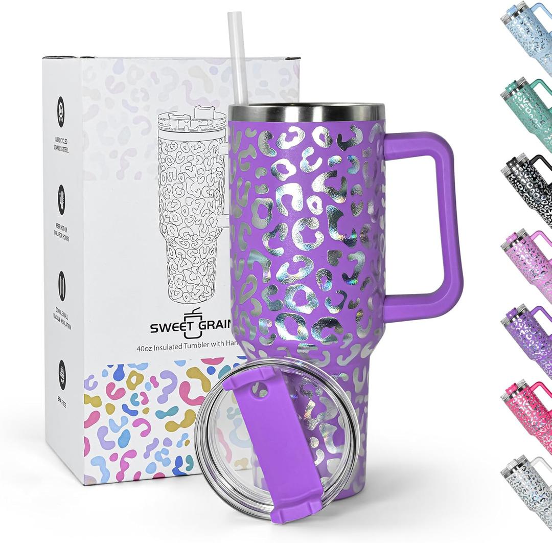 sweet grain 40 oz Tumbler with Handle and Straw, Stainless Steel Purple Leopard Print Tumbler with Handle, Double Vacuum Leopard Cup, Keeps Drinks Cold Up to 24 Hours