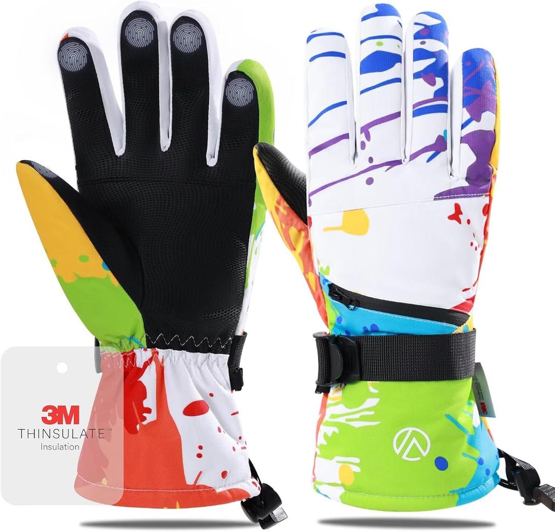 Snow Gloves, Waterproof Warm Ski Gloves Thermal for Winter, Fit Both Men & Women, Gift for Parent Child (Color Splatter( White))