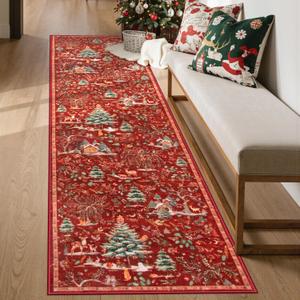Lahome Christmas Hallway Runner Rug 2x8, Non Slip Soft Long Kitchen Carpet Runner, Washable Low Pile Xmas Tree Carpet Runner for Entryway Bathroom Holiday Winter Decor, Red