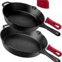 Cuisinel Cast Iron Skillets Set - 10" + 12"-Inch Pre-Seasoned Frying Pans + Removable Silicone Handle Holder Grips + Pan Scraper - Oven-Safe Cookware Kit + Accessories + Handle Helper