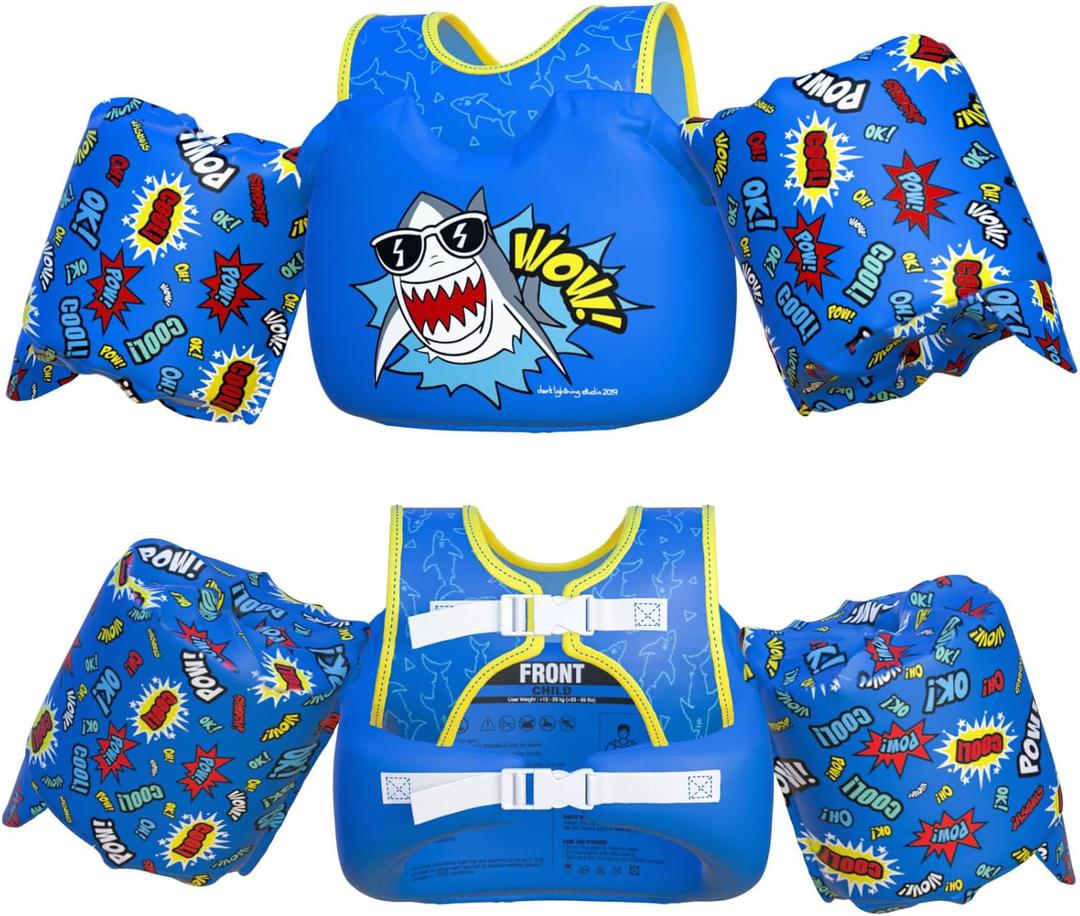 Dark Lightning USCG Coast Guard Approved Toddler Swim Vest for Age 2/3/4/5/6/7 Years Old, Kids Life Jackets with Arm Floaties 30-50 Pounds,Baby Water Wings in Sea/Pool/Puddle (Shark-Blue)