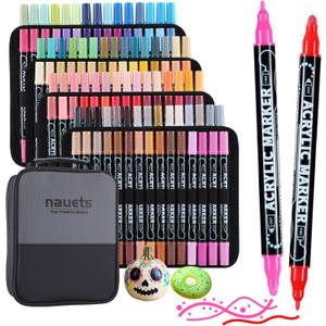 nauets 120 Colors Waterproof Dual Tip Acrylic Paint Pens, Dot & Fine Tip Premium Coloring Drawing Markers Set for Wood, Rock, Canvas, Glass, Ceramic Surfaces and DIY Crafts Making Art Supplies