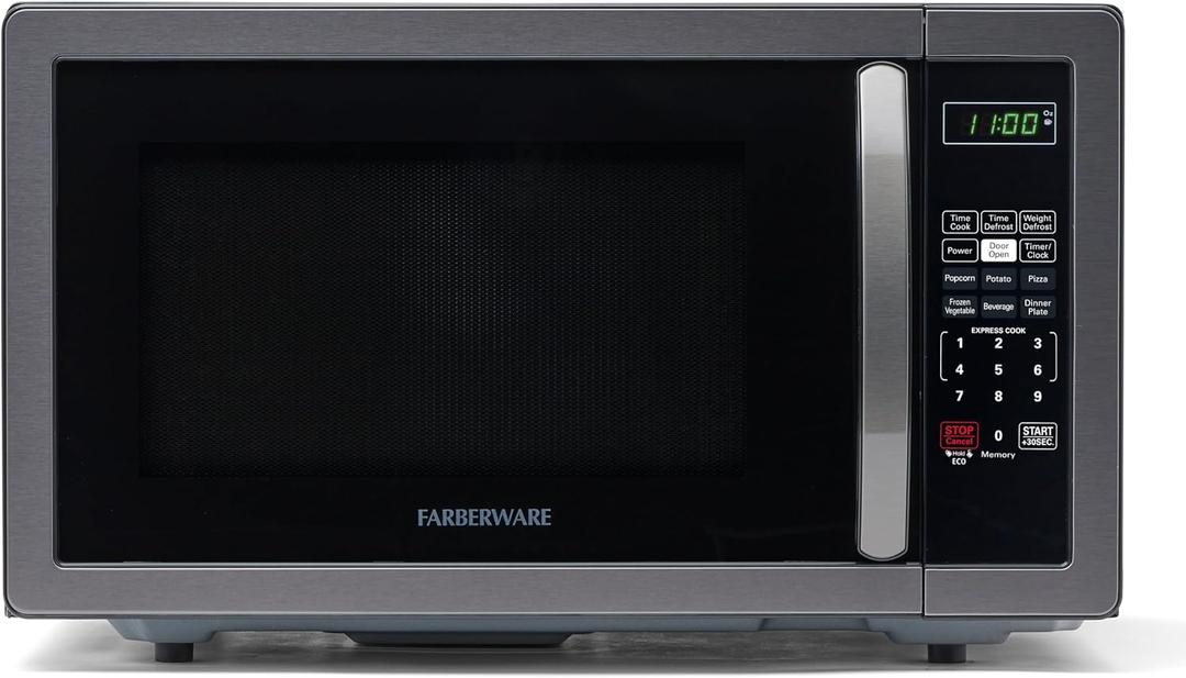 Farberware 1.1 Cu. Ft. Countertop Microwave Oven 1000 Watts Power, Auto Cook Settings, Defrost, Easy Clean and Child Safety Lock - Stainless and Black