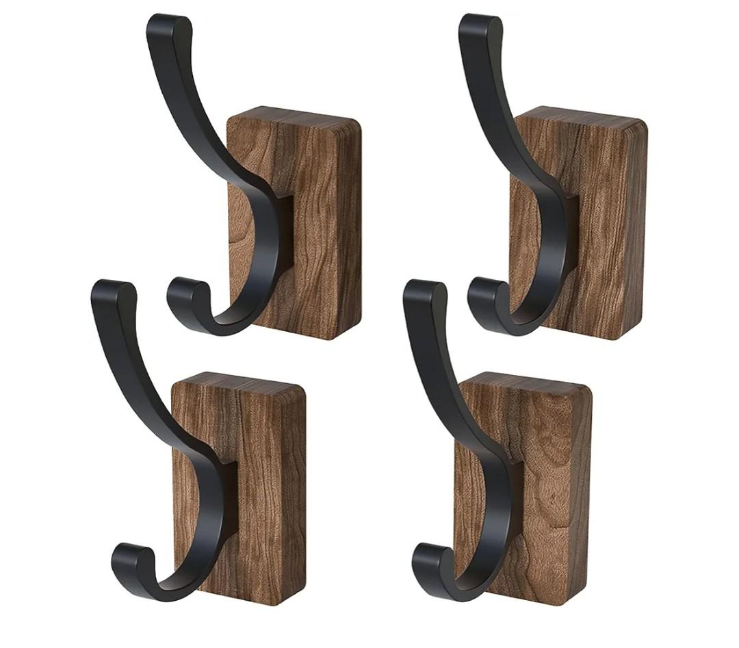 4 PCS Black Walnut Wood Wall Hooks Adhesive Mounted & Wall Mounted Rustic Decorative Entryway Hooks Mid Century Modern Natural Wooden Pegs for Hanging Coat Clothes Hat Bag Purse and Towel