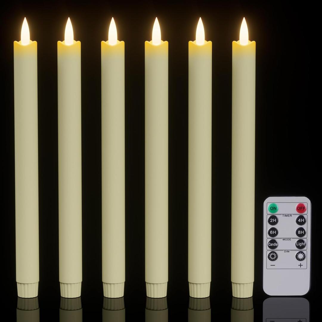 GenSwin Flameless Taper Candles Flickering with Remote Timer, 6Pcs LED Taper Candles Battery Operated with Realistic 3D Wick for Home Decoration (Ivory, 0.79" x 9.1")