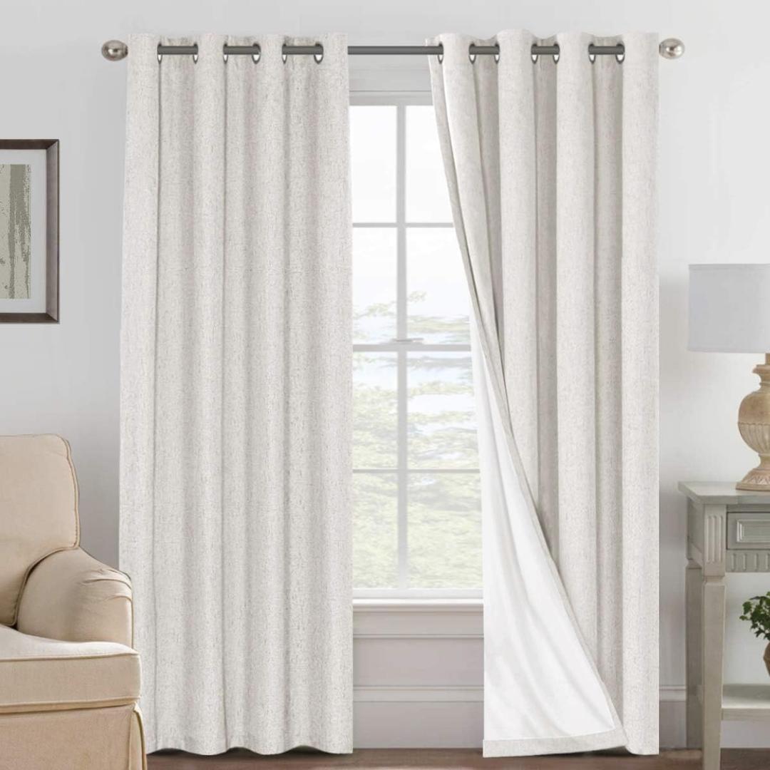 H.VERSAILTEX Linen Curtains 100% Blackout Curtains for Bedroom 90 inch Long Full Light Blocking Nature Linen Blended Window Curtains for Living Room Nickel Grommet (2 Panels, Ivory)
