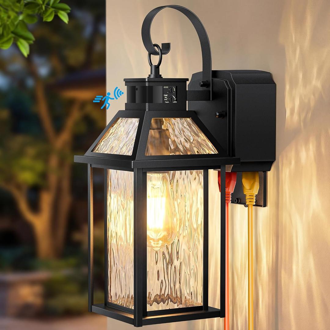 Lotsky 14" Porch Lights with GFCI Outlet, Motion Sensor Outside Sconces, Dusk to Dawn Exterior Lighting Fixtures with Water Glass,Anti-Rust Aluminum Waterproof Black Wall Light for House Garage