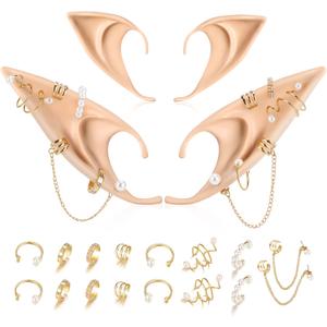 FRESHME Elf Ears with Earrings Set - 2 Pairs Fairy Pixie Soft Ears with Non-Piercing Moon Cuffs Earring