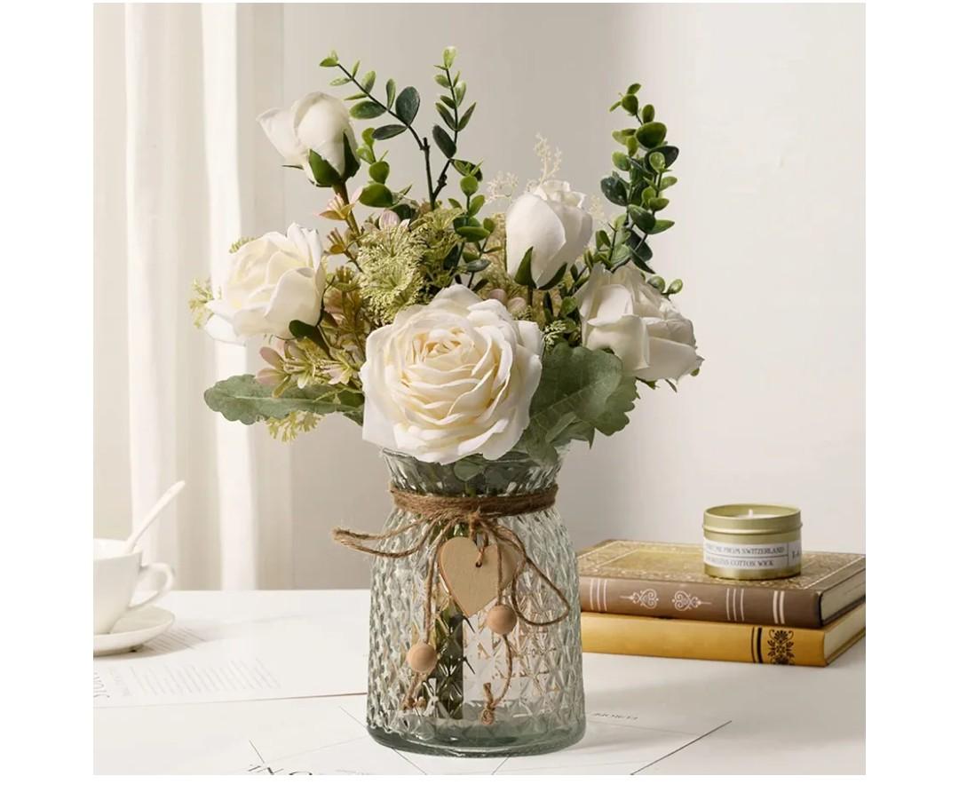 YJ Fake Flowers with Vase, Silk Roses Artificial Flowers in Vase, Faux Flower Plant Arrangement Suitable for Home Office Decoration, Dining Table Centerpiece(White)