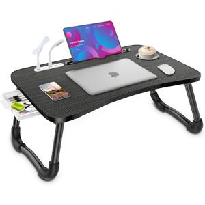 Zapuno Laptop Lap Desk, Foldable Laptop Table Tray with 4 USB Ports Storage Drawer and Cup Holder, Lap Bed Desk Notebook Stand Laptray Portable Standing Table for Bed Couch Floor (Black)