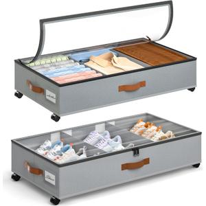 Yecaye Under Bed Storage with Wheels, Under Bed Storage Containers with Adjustable Dividers & Clear Window, Rolling Underbed Organizer Bins Drawers for Clothes, Shoes, Blankets, Grey Large(2pack)