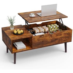 Sweetcrispy Coffee Table, Lift Top Coffee Tables for Living Room, Small Rising Wooden Dining Center Tables with Storage Shelf and Hidden Compartment, Brown