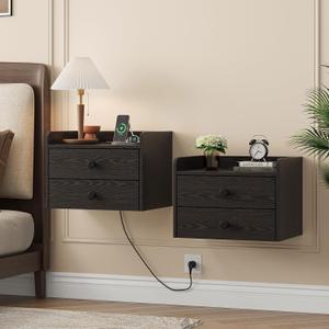 Floating Nightstand Set of 2 with 2 Storage Drawers and Charging Station Wood Wall Mounted Bedside End Table Modern Night Stands Set 2 for Bedroom,Small Space,Black, 15.8 inches x 11.5 inches x 11.5 inches