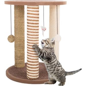 Cat Scratching Post - 3 Scratcher Posts with Carpeted Base Play Area and Perch - Furniture Scratching Deterrent for Indoor Cats by PETMAKER (Brown), Large