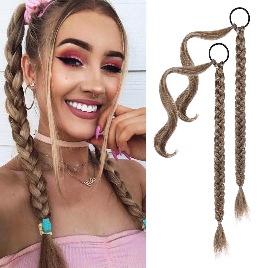 YOGFIT 2PCS DIY Braid Ponytail Extension, Long Straight Wrap Around Ponytail Hair Extensions Natural Soft Synthetic Hairpieces for Women Daily Wear (24 Inch, Dark Ash Blonde with Hightlights)