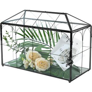 Glass Card Box with Slot, Large Black Clear Card Box for Wedding Receptions - Home Birthdays Party Geometric Decorative, 12.59" x 5.9" x 9.05"