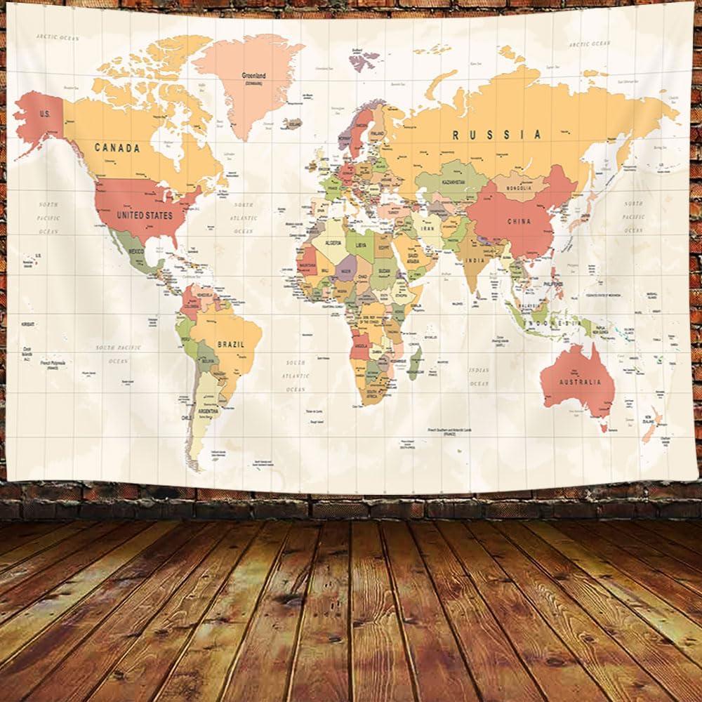 Tapestry for Kids Student, with Countries and Major Cities Tapestries Educational Asia Europe South City Topography America Africa Japan Wall Tapestry 60X50 Inch(Yellow)