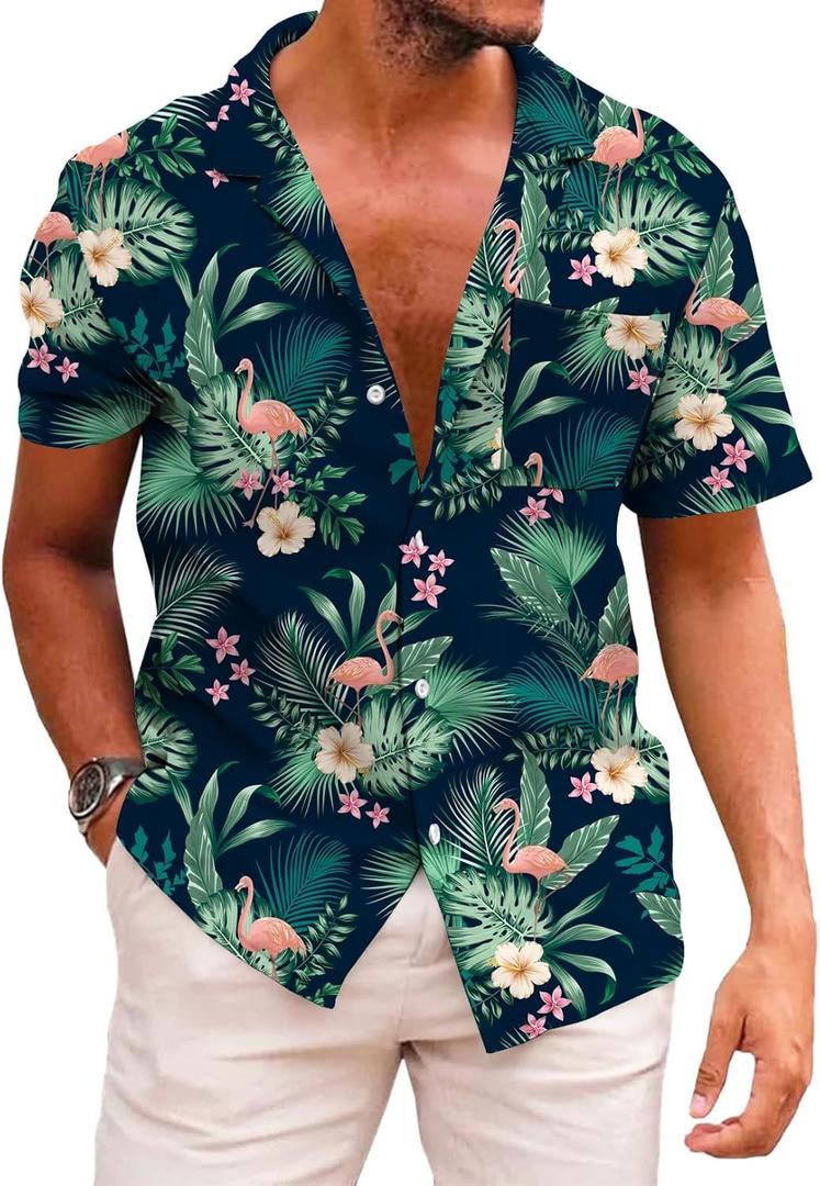 KYKU Funky Hawaiian Shirt for Men Palm Beach Shirts Tropical Vacation Clothes (Small, Flamingo Green)