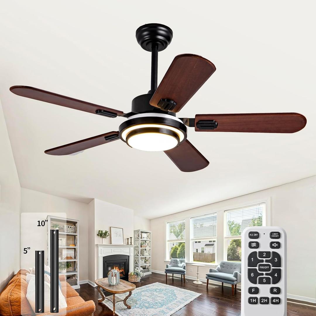 42 Inch Wood Ceiling Fans with Lights Remote Control,5 Blades Quiet Reversible Modern Ceiling Fans for Indoor,Outdoor,Bedroom,Living Room,Office,Farmhouse,Patio (Walnut)