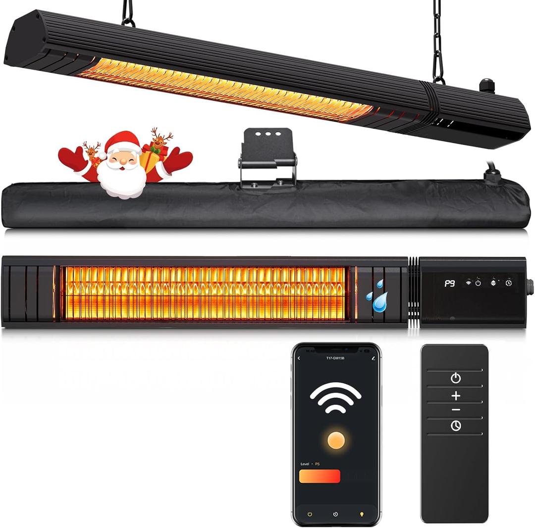 Ceiling Electric Outdoor Heater Wifi Control Wall-Mounted Hanging Patio 1500W Infrared 9 Heat Levels, 24H Timers, Carbon Fiber Tube Heating Wall Heater for Gazebo, Balcony (Clear Quartz Glass)