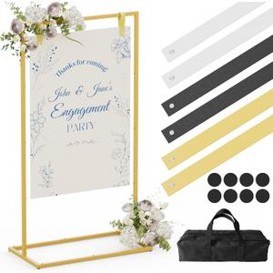 HzTinT Wedding Sign Stand, Adjustable Wedding Welcome Sign Stand with Carry Bag, Leather Hanging Straps, 8 Floor Pads  Gold Easel Stand for Seating Charts & Wedding Decor