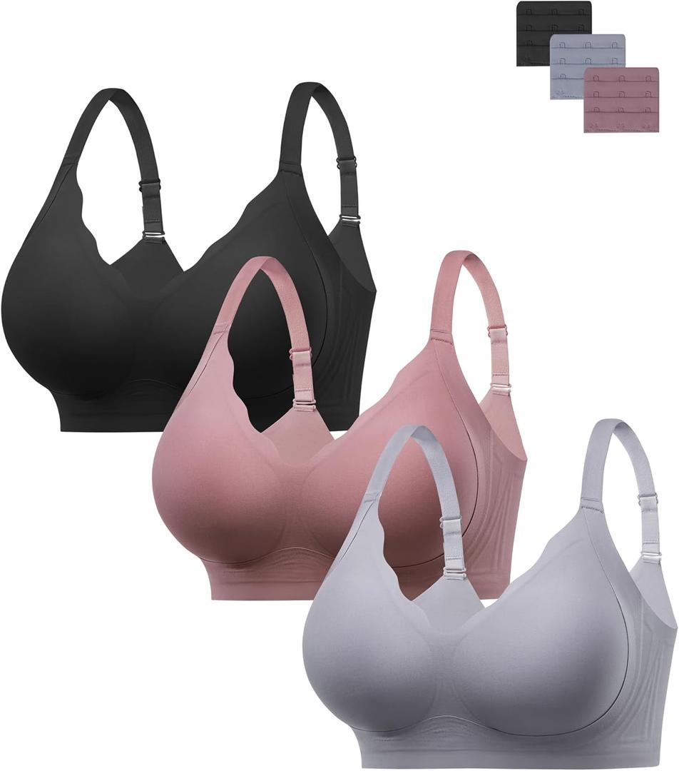 HBselect Jelly Bras for Women No Underwire 3PCS Comfort Wireless Push Up Bras Seamless Scalloped Lift Everyday Bralettes (X-Large, Black/Blue/Lotus Pink)