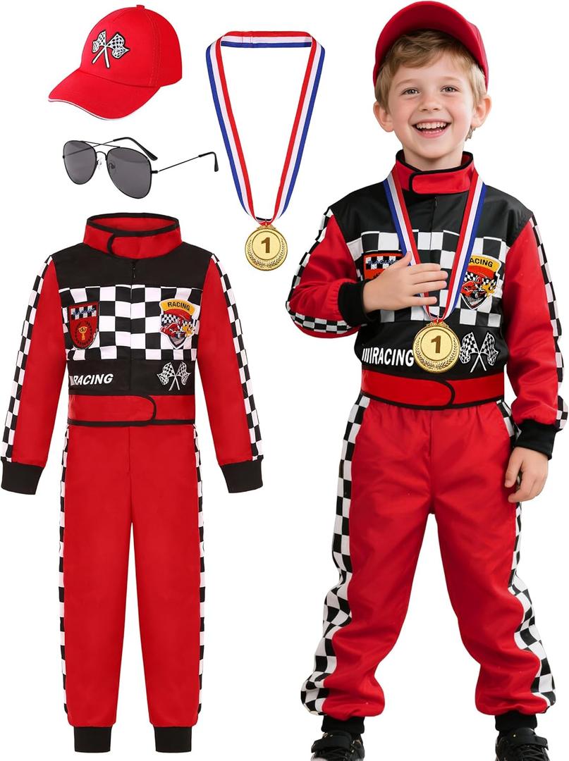 Kids Race Car Driver Costume for Boys Girl Racing Suit Racer Jumpsuit for Halloween Dress Up 3-10Y (5-6 Years)