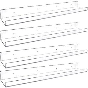 Febwind 4 Pack 24-Inch Long Clear Acrylic Floating Shelves U Shape Wall Shelf for Book Display Makeup Product Spice Organizer