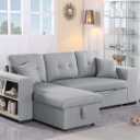 Reversible Sleeper Sectional Sofa with Pull Out Bed and Chaise Lounge , L Shaped Convertible Corner Couch Sofabed with Storage Shelves and 2 Stools , 3 Seater Tufted Cushion Sofacama for Living Room