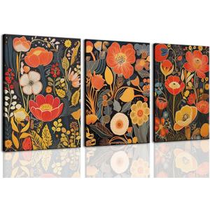 ZQARTZZQ Boho Floral Wall Art Abstract Flower Framed Canvas Prints Flower Mid Century Modern Botanical Painting Colorful Flowers Pictures Wall Decor Set of 4 for Living Room Bedroom Bathroom 16x24in