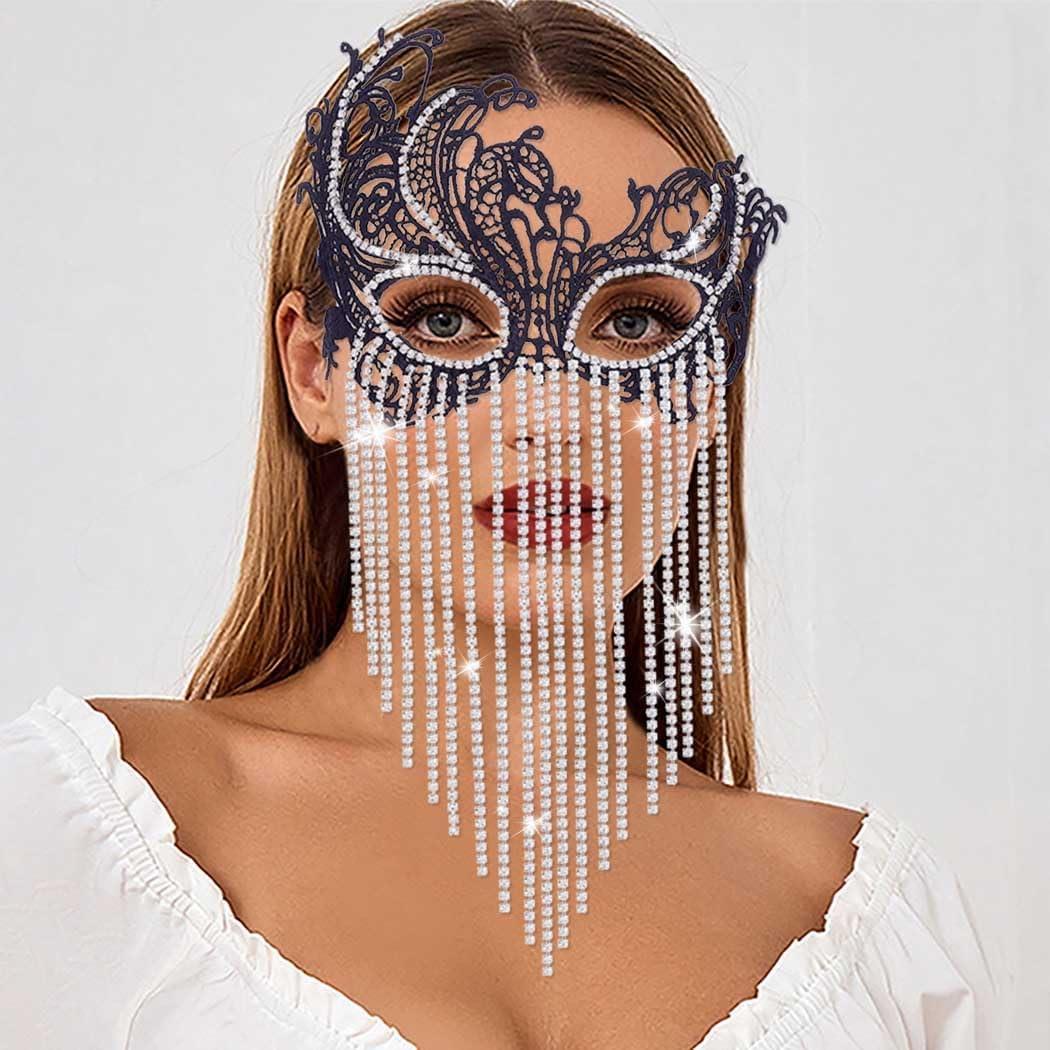 Tgirls Rhinestone Masquerade Mask Crystal Tassel Lace Mask Costume Party Eye Mask Sparkly Face Masks