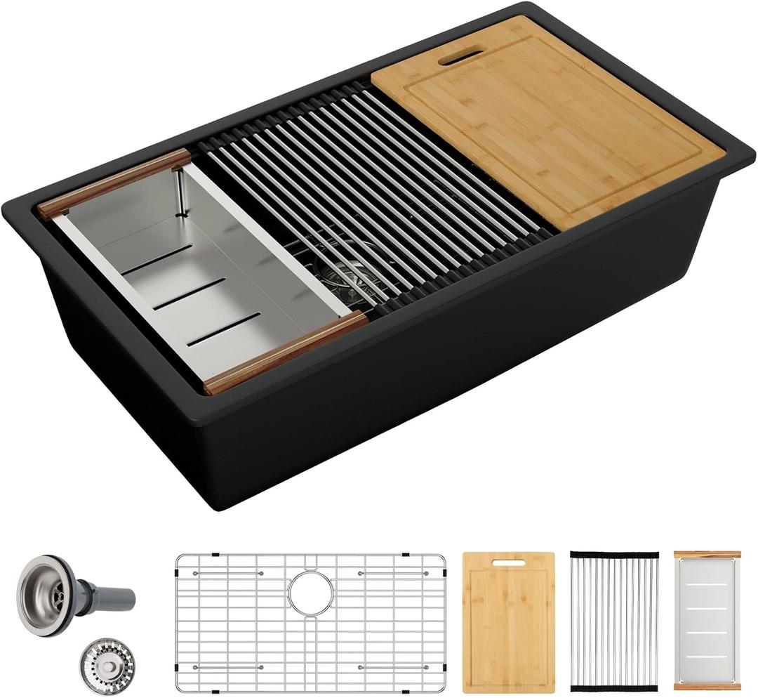 Sarlai 28 Black Kitchen Sink Granite Composite - 28 x 19 inch Kitchen Sink Undermount Matte Black Granite Composite Quartz Single Bowl Under Counter Ledge Workstation Kitchen Sinks Basin