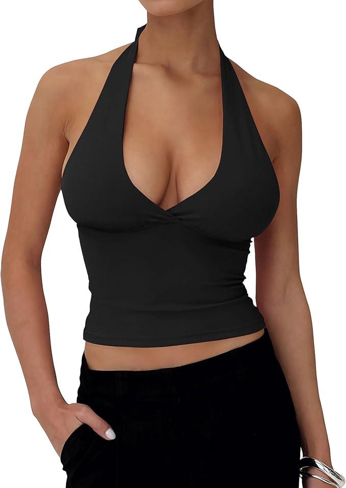 Women's Deep V Neck Halter Tie Back Tank Top Sleeveless Slim Fitted Summer Crop Top, Size: M