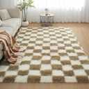 Checkered Area Rugs for Living Room 8x10, Fluffy Beige and White Checkered Rug Fuzzy Shag Shaggy Carpets for Bedroom, Soft Plush Furry Rug for Boy Girls Room Dorm Home Decor