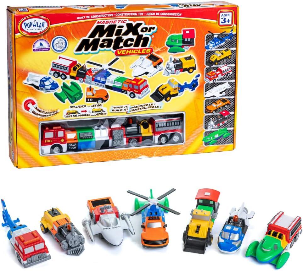 POPULAR PLAYTHINGS Magnetic Vehicles for Toddlers 1-3, Mix or Match Car Toys, 21 Piece Gift for Kids - Vehicles Orange, Standard