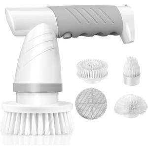 Electric Spin Scrubber, Bathroom Shower Electric Scrubber for Cleaning Tub/Tile/Floor/Sink/Window, Power Cleaning Brush Rechargeable Cordless with 4 Replaceable Cleaner Brush Heads (01 Classic Grey)